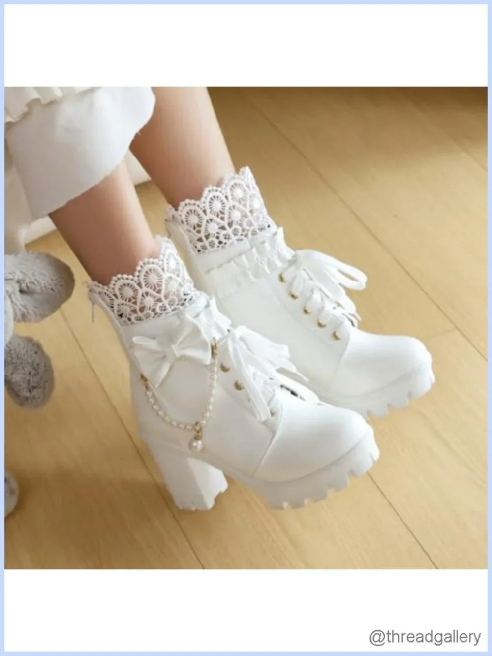 Gothic platform ankle boots with lace pearl chain bow chunky high heel combat
